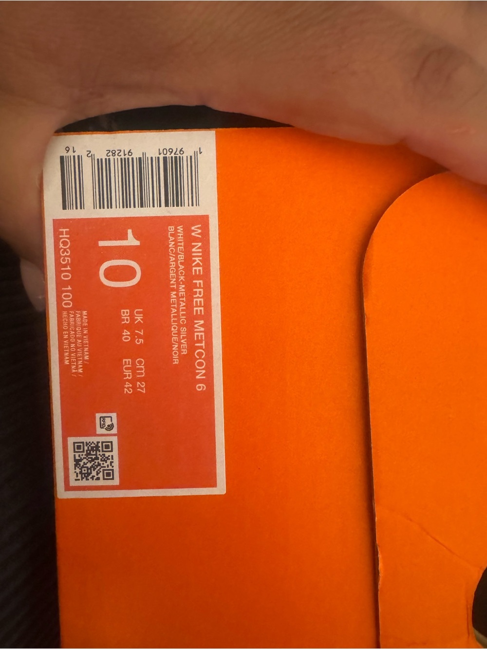 Nike Orange and White Women's Sneakers Box Label